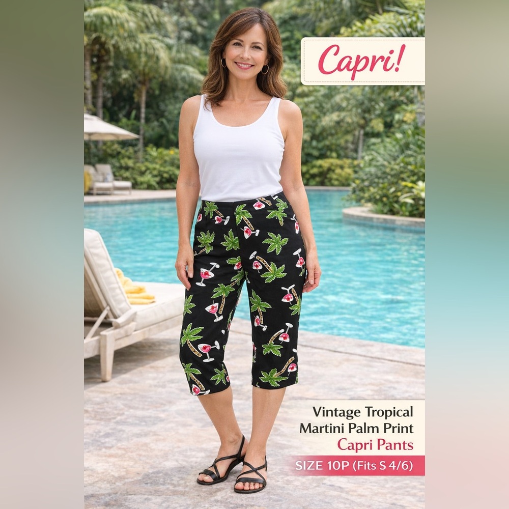Vintage Martini Print Capri Pants Palm Tree Novelty Briggs Petite 10P USA 4/6p